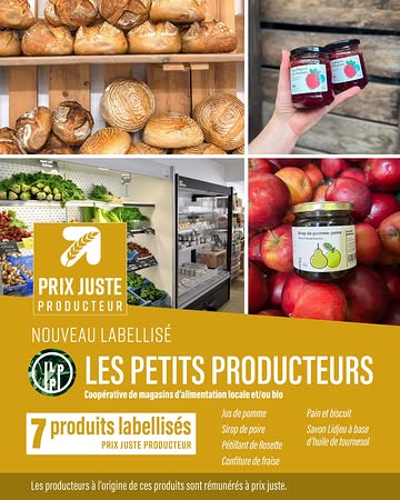 ✨ 7 nouveaux produits reçoivent notre label Prix Juste Producteur 😍 !
Une nouvelle étape pour la coopérative @lespetitsproducteurs.be : 7 produits issus de leur filière qualité "𝘓𝘦𝘴 𝘗𝘦𝘵𝘪𝘵𝘴 𝘗𝘳𝘰𝘥𝘶𝘤𝘵𝘦𝘶𝘳𝘴" viennent d'être labellisés #PrixJusteProducteur !

🍎 Jus de pomme
🍐 Sirop de poire
🥂 Pétillant de Rosette
🌻 Savon solide Lidjeu à base d’huile de tournesol
🍓 Confiture de fraise
🍞 Pain
🍪 Biscuit

Derrière chacun de ces produits, les producteurs qui fournissent les matières premières sont rémunérés à prix juste. Notre label permet de mettre en avant les produits issus d’une relation commerciale qui intègre une rémunération juste des producteurs.

👏 Bravo aux Petits Producteurs et aux producteurs de ces filières !

Créée par des producteurs et des citoyen·ne·s, la coopérative @Les Petits Producteurs développe des magasins de quartier qui rendent accessible une alimentation saine, respectueuse de l’environnement et des producteurs.

📍 𝟯 𝗺𝗮𝗴𝗮𝘀𝗶𝗻𝘀 𝗮̀ 𝗟𝗶𝗲̀𝗴𝗲 :
Découvrez également de nombreux autres produits locaux, bio et régionaux dans les 3 magasins Les Petits Producteurs à Liège.

 • En Neuvice — En Neuvice 34, 4000 Liège — 04/358.51.53
• Sainte-Walburge — rue Sainte-Walburge 22, 4000 Liège — 04/224.07.41
• Vennes — avenue Reine Elisabeth 1, 4020 Liège — 04/226.45.52

📱 𝗟𝗲𝘀 𝗣𝗲𝘁𝗶𝘁𝘀 𝗣𝗿𝗼𝗱𝘂𝗰𝘁𝗲𝘂𝗿𝘀 𝘀𝘂𝗿 𝗹𝗲𝘀 𝗿𝗲́𝘀𝗲𝗮𝘂𝘅 :
👉 Facebook : @Les Petits Producteurs
👉 Instagram : @ @lespetitsproducteurs.be

📧 info@lespetitsproducteurs.be