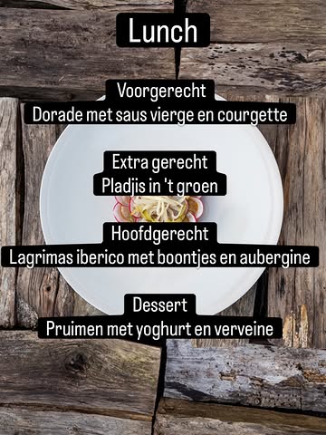 Onze lunch deze week 😋
Van 1/9 tot 4/9

Voorgerecht
Dorade met saus vierge en courgette

Extra gerecht
Pladjis in ‘t groen

Hoofdgerecht
Lagrimas iberico met boontjes en aubergine

Dessert
Pruimen met yoghurt en verveine

Voorgerecht/ hoofdgerecht €40
Voorgerecht/ hoofdgerecht/ dessert €48
Extra gerecht €15

Reserveer via
https://hetvliegendtapijt.be/reserveren/
Of bel 056 22 27 45