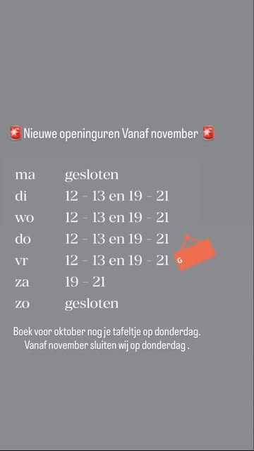🚨Nieuwe openingsuren vanaf november 🚨

Boek nog je tafeltje op donderdag voor oktober.
Vanaf november zijn wij gesloten op donderdag.

@desmetnl3 @felixfrancois_