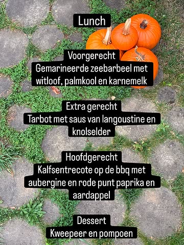Onze lunch deze week😋

Dinsdag tot vrijdag

Voorgerecht/ hoofdgerecht €40
Voorgerecht/ hoofdgerecht/ dessert €48
Extra gerecht €15