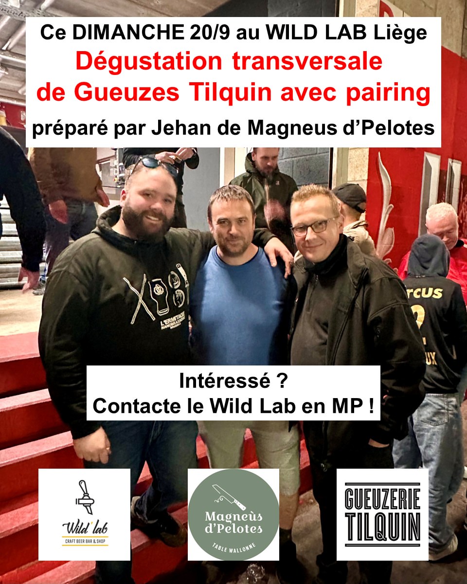🍻 CE DIMANCHE, TRANSVERSALE & PAIRING! 🍻
Ce dimanche, à 13h, au @wildlabliege, on vous propose une dégustation transversale des gueuzes de chez Gueuzerie Tilquin 🥳

L’occasion de (re)découvrir différentes cuvées, comparer, discuter, goûter… et surtout de passer un bon dimanche autour de quelques belles bouteilles ! 🍾

Et parce qui dit dégustation, dit aussi de bien manger, Jehan, l’ami de chez @magneusdpelotes, sera en cuisine pour nous préparer plusieurs petites assiettes spécialement pensées pour accompagner la transversale. 🤤

⚠️ Attention, les places sont limitées !
👉 Réservations en MP auprès du @wildlabliege ou par téléphone.