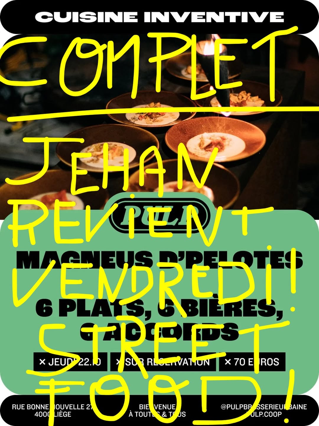@magneusdpelotes revient !

>> vendredi 23.10
>> pas de réservation, ici c’est en mode STREE FOOD !
menu :
_ Buns au veau confit, oignons au miel.
_ Sashimi de Hamachi sur salade de quinoa
_ Céleri rave au miso, jaune d’oeuf au shoyu, noisettes
_ Brioche perdue , crème d’agrumes

[jeudi est complet au fait]