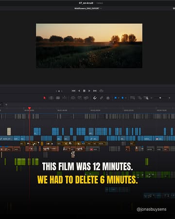 We had to cut half of the film.

My first rough cut was twelve minutes long. It had every scene we shot in there. The competition rules were a six-minute film max. So I cut it down. But it still felt off.

After some discussions with Britt, our producer, we realized something had to go. We cut the entire scene where Brecht and his father are talking — a section we'd scheduled and shot, and it still had to go. Britt was right: the moment we deleted it, the story became clearer. It had more room to breathe.
Sometimes a scene isn't bad, it's just too much.

Save this for your next edit.