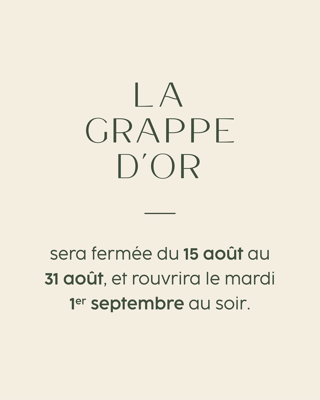 Samedi, la Grappe d’Or fermera ses portes pour mieux vous retrouver dès le mardi 1er septembre. À très vite !

#lagrappedor #restaurant #gastronomie #arlon #luxembourg