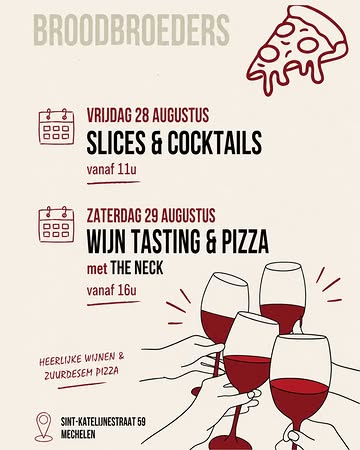 We openen ons nieuwe pizza-seizoen officieel tijdens het Maanrockweekend met 2 events!

VRIJDAG 28 AUGUSTUS
🍕 New York slices & cocktails (Campari tonic & Aperol Spritz)
vanaf 11u

ZATERDAG 29 AUGUSTUS
🍷 Wijn tasting & Napolitaanse zuurdesempizza
met The Neck
vanaf 16u

📍 Sint-Katelijnestraat 59, Mechelen

See you!