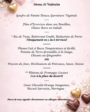 💘 Menu St-Valentin – À découvrir dès le 11 février 💘

À partir de la semaine prochaine, nous vous invitons à découvrir notre nouveau menu, une pause gourmande raffinée.

💫 Édition spéciale Saint-Valentin – Samedi soir
Le menu sera proposé uniquement en 5 ou 6 services.
Pour cette soirée, Vous dégusterez les trois entrées, pour une expérience complète
⚠️ Service du samedi soir complet

🌿 Ouverture exceptionnelle
Nous serons également ouverts le samedi 14 à midi afin de vous permettre de célébrer ce moment en toute sérénité.

🍽️ Le menu restera ensuite disponible la semaine suivante pour prolonger le plaisir.

🎁 Idée cadeau Saint-Valentin
Nos bons cadeaux sont disponibles en ligne via le lien jeuxdegouts.reservation.barestho.com/shopping/

📍 Réservation souhaitée
Par téléphone, email ou directement en ligne https://jeuxdegouts.reservation.barestho.com/

⚠️ Information : le restaurant sera fermé du 23/02 au 01/03 inclus.

Au plaisir de vous accueillir,
Fanny et Jérôme
