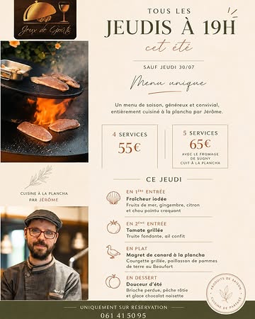☀️ Les Jeudis Plancha sont de retour chez Jeux de Goûts ! 🔥

Tout l'été, retrouvez-nous chaque jeudi à 19h (sauf le jeudi 30 juillet) pour une soirée autour d'un menu unique entièrement cuisiné à la plancha par Jérôme.

Une cuisine de saison, pleine de caractère, où le feu sublime chaque produit.

✨ Ce jeudi au menu :

🌊 Fraîcheur iodée
Fruits de mer, gingembre, citron & chou pointu

🍅 Tomate grillée
Truite, ail confit

🦆 Magret de canard à la plancha
Courgette grillée, paillasson de pommes de terre au Beaufort

🍑 Douceur d'été
Brioche perdue, pêche rôtie & glace chocolat-noisette

➡️ Menu 4 services : 55 €
➡️ Menu 5 services : 65 €, avec le Macu de la fromagerie dela Semois cuit à la plancha.

📍 Uniquement sur réservation
📞 061 41 50 95
ou via https://jeuxdegouts.reservation.barestho.com/

Les places sont limitées, pensez à réserver rapidement !

#JeuxDeGoûts #CuisineDeSaison #Plancha #Restaurant #Gastronomie #Ardenne #ProduitsLocaux #FoodLovers #étégourmand
