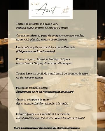 Bonjour à tous,
Dés ce soir, découvrez notre menu du mois d'août 🌿☀️

L'été s'invite dans vos assiettes, au programme : crevettes, sardines à la plancha, aubergines, tomates, bœuf confit, mûres, Reine-Claude… Des saveurs estivales sublimées par le savoir-faire du chef.

📍 Jeux de Goûts – Hérisson (Vresse-sur-Semois)
📞 Réservation : +32 61 41 50 95
ou via https://jeuxdegouts.reservation.barestho.com/

Nous avons hâte de vous accueillir,
Fanny et Jérôme