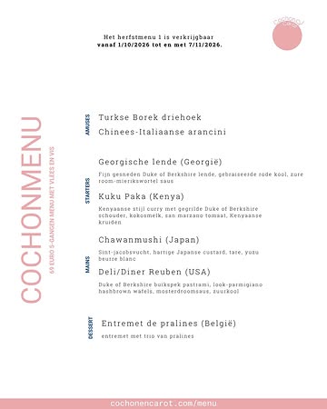 Ons verlof loopt stilaan ten einde, maar in de keuken hebben we niet stilgezeten.

Voor ons herfstmenu trekken we opnieuw langs verschillende keukens en vertalen we hun smaken naar onze eigen tafel. Vijf gangen, telkens als Cochon of Carot, voor €69.

Benieuwd waar we deze keer belanden? Reserveer dan nu je tafel voor oktober.

#herfstmenu #finedining #wereldkeuken