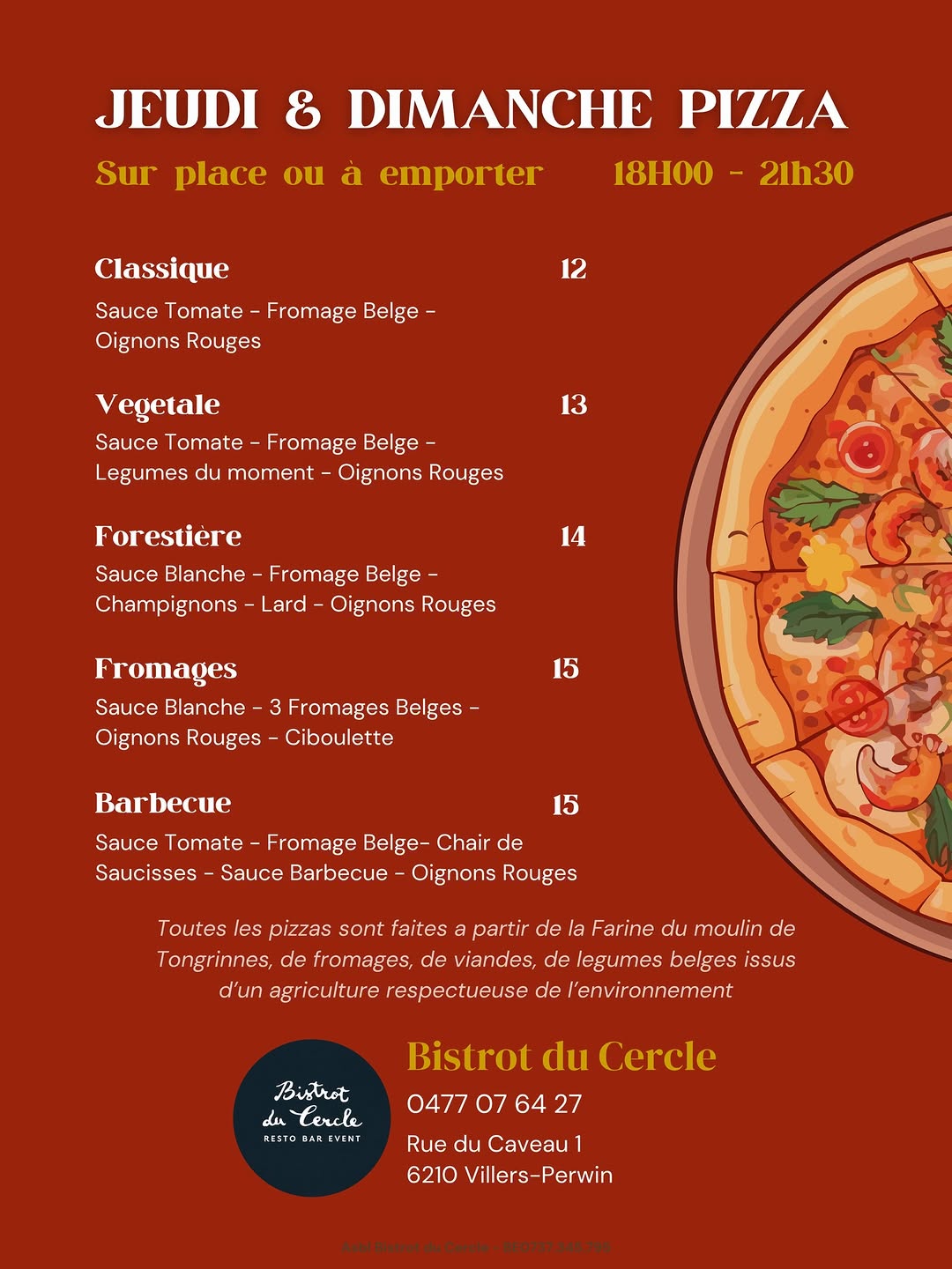 Dégustez nos pizzas sur place en réservant votre table l’onglet en dessous de la bio, ou à emporter en commandant par téléphone au 0477/07.64.27🍕📞