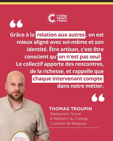 🇧🇪 Et si votre plus grand atout en cuisine, c’était les autres ?

Certains mots résonnent plus que d’autres.
Ceux de @thomas.troupin en font partie.

Au Collège Culinaire de Belgique, nous en sommes convaincus :
l’artisanat culinaire se construit dans la relation.
Avec les producteurs, les équipes, les clients.
Avec toutes celles et ceux qui donnent du sens à ce qui se passe en cuisine.

Quand on réalise qu’on n’est pas seul, tout change.
Sa manière de cuisiner. De transmettre. De grandir.

Merci à notre référent Thomas Troupin du @toma_liege pour ces mots qui incarnent pleinement l’esprit du Collège.

Vous partagez cette vision de votre métier ?
Rejoignez-nous pour construire, ensemble, une restauration plus artisanale, plus consciente et profondément humaine.

📩 Écrivez-nous en message privé ou via le lien en bio.

⸻

🇧🇪 Wat als je grootste troef in de keuken de anderen zijn?

Sommige woorden blijven hangen.
Die van @thomas.troupin horen daarbij.

Bij het Collège Culinaire de Belgique zijn we ervan overtuigd:
culinair vakmanschap groeit in relatie.
Met producenten, teams en gasten.
Met iedereen die betekenis geeft aan wat er in de keuken gebeurt.

Wanneer je beseft dat je er niet alleen voor staat, verandert alles.
De manier waarop je kookt. Doorgeeft. Groeit.

Dank aan onze referent Thomas Troupin van @toma_liege voor woorden die de geest van het Collège perfect weerspiegelen.

Herken jij jezelf in deze visie op je vak?
Sluit je aan en bouw samen met ons aan een meer ambachtelijke, bewuste en menselijke horeca.
📩 Stuur ons een privébericht of ga naar de link in bio.
