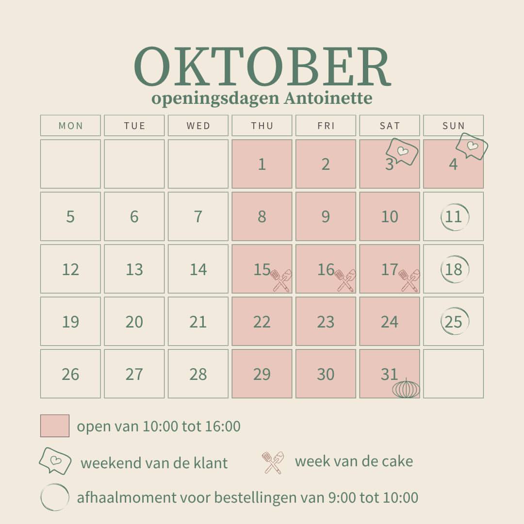 Morgen begint oktober en een verse maand starten we steevast met een verse kalender 🥳

Oktober belooft heel gezellig te worden met het Weekend van de Klant en Week van de Cake, met als afsluiter Halloween 😍

Zie ik jou deze maand in de winkel?
Ik kijk er alvast naar uit om jullie van gezellig zoets te voorzien 💕

Tot snel,
Silke van Antoinette