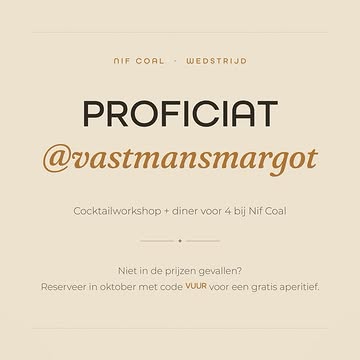 Proficiat vastmansmargot! Jij wint (samen met @phyllisveestraeten , @katoscheepers en @margrietjans ?) een cocktailworkshop en diner voor 4 personen! We sturen je zo ook een privébericht!👏👏

Niet gewonnen? Vergeet dan als troostprijs niet het woord VUUR bij je reservatie (www.resto-nif.be) te noteren voor een gratis aperitief. Actie geldig in oktober. Tot snel!🔥

Hou ook onze socials in de gaten voor meer acties💪🏻