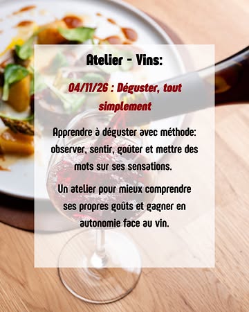NEWS| - ATELIERS
Et si vous veniez au Merry... Autrement ?

Le 04 novembre, 2e atelier de la série : cette fois ci sur le vin. Nous avons exclusivement des vins natures, certains plus particuliers que d’autre.

Au final, une seule question réside: est ce que ce vin nous plaît?

Dans cet atelier, nous avons envie vous partager comment nous pouvons prochains un vin afin de définir s’il est à notre goût et pourquoi, à travers une petite analyse et un ressentit structuré.

Nous terminerons la soirée autour d’un verre (ou deux 😉) et d’assiettes pensées pour l’occasion.

*****
ㅤ
Certains mercredis soirs, le Merry vous propose des ateliers en petit comité pour découvrir quatre univers qui font partie intégrante de notre cuisine et de notre manière de travailler.
ㅤ

——
Pour réserver, envoyez-nous un mail à info@merry-restaurant.be en indiquant :
votre nom ;
le nombre de participants ;
la date et le thème choisis.
ㅤ
Plus d’infos sur notre site.