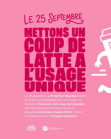☕ Et si, le 25 septembre, chacun faisait un petit geste pour réduire les déchets ?

Le Bring Your Mug Day revient en Belgique et en France !

Le principe est simple : les citoyens sont invités à apporter leur mug ou contenant réutilisable lorsqu'ils achètent une boisson chaude à emporter. En participant, ils pourront bénéficier, selon le commerce, d'un café offert ou d'une réduction sur leur boisson.

🎉 Vous êtes un café, un restaurant ou un commerce proposant des boissons chaudes à emporter ? Rejoignez le mouvement et faites partie des établissements participants !

👉 Inscrivez votre commerce dès maintenant : https://bringyourmugday.fr/

📣 Vous souhaitez mettre en avant votre participation ? Envoyez un e-mail à isaline@consomaction.be pour recevoir le kit de communication et l'affiche de la campagne (disponibles à partir de la mi-août).

Ensemble, faisons du réemploi un réflexe simple et montrons qu'un petit changement d'habitude peut avoir un grand impact ! 💚

#BringYourMugDay #Réemploi #ZéroDéchet #ConsomAction #ÉconomieCirculaire #Réutilisable