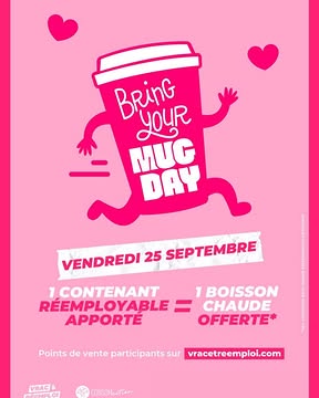 RDV Le 25 septembre pour le Bring Your Mug Day

👉 Vous êtes un café, une boulangerie, un restaurant ou un autre établissement ? Inscrivez gratuitement votre commerce sur la carte des participants et choisissez l’avantage que vous souhaitez proposer : boisson offerte, réduction, ou autre geste commercial.

👉 Et côté citoyens ? Le principe est simple : le 25 septembre, pensez à prendre votre mug ou contenant réutilisable avec vous et privilégiez les établissements participants.

Chaque contenant réutilisé, c’est un emballage à usage unique évité. Et alors que la PPWR pousse progressivement l’Europe vers davantage de prévention, de réemploi et de réduction des emballages, ces gestes simples contribuent à faire évoluer les habitudes.

📍 Commerçants : il est encore temps de vous inscrire !
👉 https://bringyourmugday.fr/

Le 25 septembre, on sort les mugs ! ☕💚

#BringYourMugDay #Réemploi #Réutilisable #ZéroDéchet #PPWR