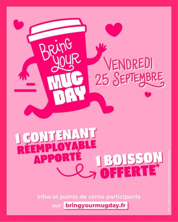 VENDREDI 25 SEPTEMBRE, C’EST VOTRE MUG QUI RÉGALE !

Le Bring Your Mug Day revient en Belgique et dans toute la France le vendredi 25 septembre 2026 !

Une journée collective et festive pour réduire les déchets, découvrir le réemploi et surtout… prendre une nouvelle habitude : apporter son propre mug pour sa boisson à emporter.

Vous êtes commerçant·e et souhaitez rejoindre l’initiative ?
Il est encore temps d’inscrire votre établissement ! Mais ne tardez pas https://bringyourmugday.fr/

🙋 Vous êtes consommateur·rice et vous voulez retrouver les enseignes participantes ?Retrouvez la carte des commerces participants et repérez ceux près de chez vous !

Pourquoi on fait tout ça ?
Chaque année, des millions de gobelets jetables sont utilisés puis jetés après quelques minutes. Pourtant, la solution est simple : apporter son propre mug réemployable et le réutiliser encore et encore.

Alors, le 25 septembre, on laisse les gobelets jetables de côté et on sort son mug !

#BringYourMugDay #Réemploi #ZéroDéchet #ConsomAction
