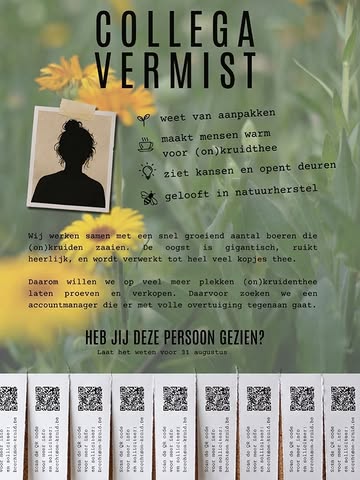 Door deze post te delen help je mee te zoeken naar de collega van (on)kruid.

Heb jij deze persoon gezien?
- weet van aanpakken
- maakt mensen warm voor (on)kruidthee
- ziet kansen en opent deuren
- gelooft in natuurherstel

Wij werken samen met een snel groeiend aantal boeren die (on)kruiden zaaien. De oogst is gigantisch, ruikt heerlijk, en wordt verwerkt tot heel veel kopjes thee.

Daarom willen we op veel meer plekken (on)kruidenthee laten proeven en verkopen. Daarvoor zoeken we een accountmanager die er met volle overtuiging tegenaan gaat.

Heb jij deze persoon gezien?
Laat het weten voor 31 augustus

Link in bio voor meer info
en solliciteer: brecht@on-kruid.be