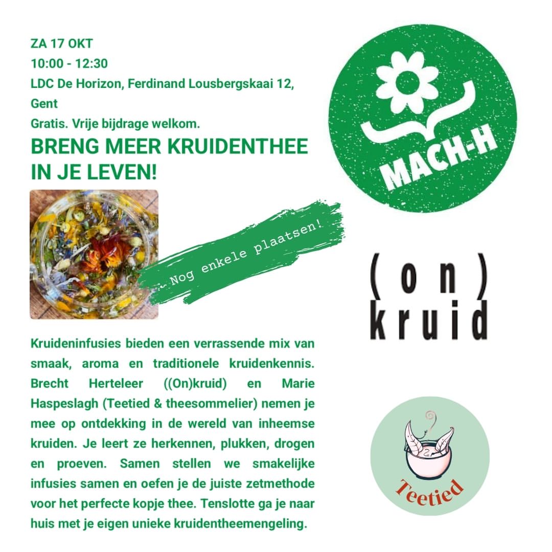 Komende zaterdagochtend trekken we naar de kruidentheeweide in de Macharius wijk en daar kan jij nog bij zijn dankzij @mach_h_gent.

We bezoeken deze @on_kruid.be weide, leren bij over biodiversiteit en inheemse kruiden en maken samen onze eigen kruideninfusie.

Kom mee proeven, ruiken, voelen en genieten!

Inschrijven kan nog via www.mach-h.be