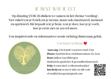 Dinsdag 23 juni 13u: lezing 'Je bent wat je eet' door @jolien_duurzaamgeluk 💚🩵🩷
Súper benieuwd wat we allemaal bij gaan leren 😍
Inschrijven kan via: www.soul-kitchen.be/events
