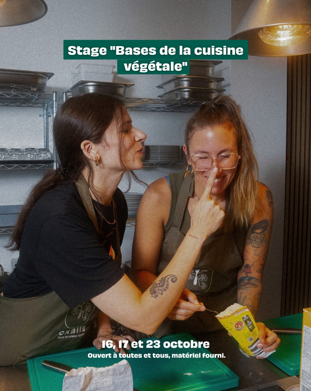 Vous avez envie de cuisiner plus végétal, mais vous ne savez pas par où commencer ? Vous avez peur de ne pas avoir le niveau ? C’est exactement pour vous que nous avons pensé ce stage. 
Pas besoin d’être pro, juste curieux·se. En 2,5 jours, nous vous accompagnons pas à pas pour que vous repartiez avec des bases solides et l’envie de tester chez vous. 
16, 17 & 23 octobre · inscriptions via le lien en bio 🌱