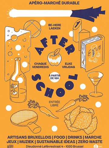 AFTER SCHOOL starts this Friday.

Every Friday from 16h, the big hall of Be-Here becomes a place to do your weekend shopping, meet Brussels makers, eat something, have a drink, play, listen, taste, repair, cook together, or simply stay for the apéro.

The programme will change every week, with different Brussels artisans and producers joining us alongside the people already making things happen at Be-Here.
And we want to use these Fridays to experiment with what a more circular neighbourhood gathering can look like.

A Disco Cantine will turn leftover vegetables from local producers and markets into a collective meal, with music and whoever wants to join the cooking.

Fermenthings will host tastings and experiments, La Source will bring concerts and beer into the mix, and on selected Fridays you might find a roller Repair Café with Rollerland or The Cocktail Circle, our research evenings into making better cocktails from leftovers, by-products and things normally thrown away.

There’ll also be food, drinks, cultural workshops, games, ping pong, pétanque, wooden games and plenty of space to hang around.

This is not meant to arrive completely finished on day one. After School will grow Friday after Friday, together with the artisans, neighbours, projects and people who use the place.

First one: Friday 2 October
Every Friday, 16h–21h
Be-Here, Dieudonné Lefèvrestraat 4, 1020 Laeken
Free entrance

Come after work. Come after school. Come for groceries and accidentally stay for the evening.

Artwork by the fancy @dand.y_