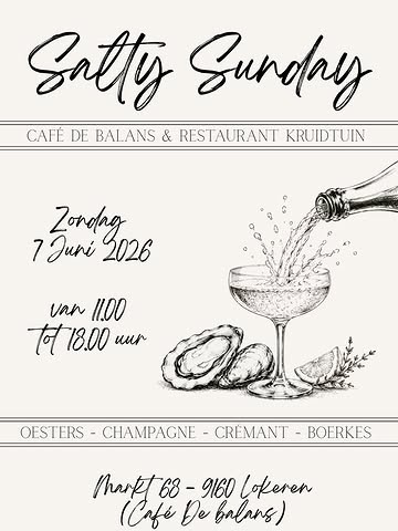 Zeg eens eerlijk… eentje was duidelijk niet genoeg. 🥂🦪

Salty Sunday returns — en deze keer doen we het gewoon opnieuw, nóg gezelliger, nóg smaakvoller en met dezelfde Sunday energy ✨

Samen met Restaurant Kruidtuin zorgen we opnieuw voor:
🦪 Oesters
🥂 Champagne & crémant
🎶 Groovy vibes
🍺 Gouden boerkes

Save the date — zondag 7 juni — Sunday never felt this good. 🪩
