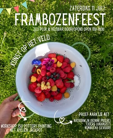 Frambozenfeest! Het is weer zo ver!
Fruitiger wordt het niet. Zaterdag 11 juli.
🌿 Zelfpluk frambozen @dedaalkouter (fietsbaar vanaf Gent)
🍷Luier tussen het fruit op het terras.
En proef pure producten:

🍎 cider van @anargist_wildcider
🍇 wijn van @bonnepioche_2024
🌿kombucha van @levuur_kombucha
🍓ijsjes van @dedaalkouter

Wil je ciders voor de zomer inslaan? We doen een speciale actie: 5 flessen + 1 gratis.
🌿🌿🌿
#korteketen
#vlaamseardennen
#lokaalfruit
#belgischecider
#foodpairing