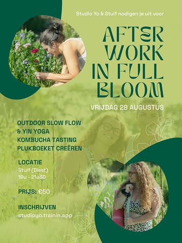 AFTER WORK IN FULL BLOOM ✨🌿

Na een drukke werkweek even uitademen, vertragen en genieten van de kleine dingen.

Tijdens after work in full bloom nodigen Studio Yo & Stuif je uit voor een zomerse avond in de natuur met:

🌱 Outdoor slow flow & yin yoga
🍹 Kombucha tasting
🌸 Je eigen plukboeket creëren

📍 Stuif (Diest)
Vrijdag 28 augustus
19u - 21u30
€50

Voel je dat je hier nood aan hebt? Dan ben je meer dan welkom. 💛

🔗 Inschrijven via de link in bio.

#afterwork #yoga #selfcare #plukboeket #slowliving