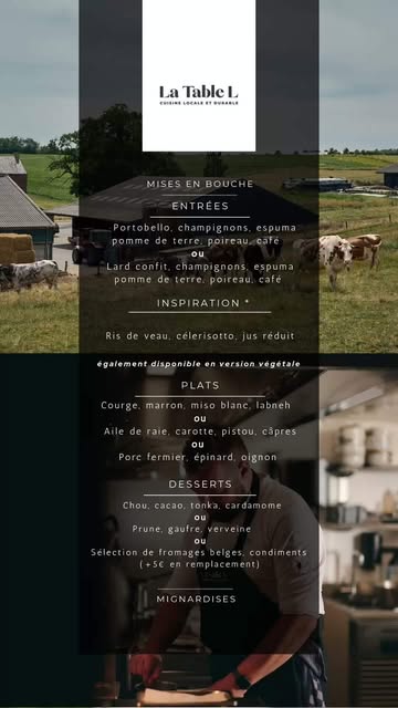 Tadaaaa. 🍂

Le nouveau menu est là. Et il est dans vos assiettes dès ce soir.

En entrée, portobello et champignons, espuma de pomme de terre, poireau, café — ou la même chose avec un lard confit, si vous préférez. Puis un ris de veau, célerisotto, jus réduit pour ceux qui veulent le menu Inspiration.

Ensuite il faut choisir. Courge, marron, miso blanc, labneh. Aile de raie, carotte, pistou, câpres. Ou porc fermier, épinard, oignon.

Et pour finir : chou, cacao, tonka, cardamome. Prune, gaufre, verveine. Ou une sélection de fromages belges.

Chaque service existe aussi en version végétale. 🍂

Menus de 40 à 90€, accords mets-vins ou sans alcool au choix. Et le midi, deux services à 40 ou 42€ pour ceux qui n'ont qu'une heure devant eux.

Disponible dès ce soir !

010 40 04 96, en ligne ou en message privé. Dites-nous en commentaire : vous partez sur quoi ?

_______

La Table L · 7e étage du Musée L, Louvain-la-Neuve
Mar → Ven, midi & soir · 2 samedis soir par mois
📞 010 40 04 96 · www.la-table-l.be

#latablel #musée #louvainlaneuve #CuisineDeSaison #michelinrestaurant

@nopysang30 @gregoire.la.table.l @musee.l_ @margaux.280