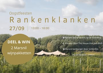 🍇 Oogstfeesten – Rankenklanken 🍷🎶
27/09 | 13:00 – 18:00

Geniet van een sfeervolle en dansbare namiddag in de wijngaard met wijnproeverij op de boerderij, kinderanimatie en marktje doorheen het pittoreske Batsheers 🌻🍎🍐🍇🍔

Bij slecht weer gaat het feest indoor door 🕺

🍇 WIN - WIN - WIN 🍇
Wij geven 2 Marsnil wijnpakketten weg.
👉 Deel deze post in je verhaal
👉 Tag 2 vrienden met wie je het liefst een wijntje drinkt