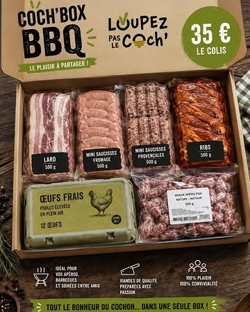 C’est le retour de la BOX 😋

Vu la météo , on reste dans le thème BBQ avec un assortiment idéal :

* 🥓 500 g de lard
* 🌭 500 g de mini saucisses fromage
* 🌿 500 g de mini saucisses provençales
* 🍖 500 g de ribs marinés
* 🥚 12 œufs
* 🥓 250 g de snacks apéro

⚠️ Stock limité , clôture des box ce mardi 4/08 à 23h ⚠️

Loupez pas le Coch’ ✅