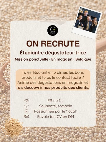 Tu es étudiant·e, tu as le contact facile et tu aimes les bons produits ? 🌾

Graines de Curieux recherche des étudiant·es pour animer des dégustations en magasin, en mission ponctuelle, partout en Belgique.

FR ou NL, souriant·e, sociable et passionné·e par le “local” ?

Envoie-nous ton CV en DM 💌
***
Ben je student, vlot in de omgang en hou je van lekkere producten? 🌾

Graines de Curieux zoekt studenten om degustaties in de winkel te animeren, voor occasionele opdrachten in heel België.

FR of NL, vriendelijk, sociaal en gepassioneerd door het “lokale”?

Stuur ons je cv via DM 💌

#grainesdecurieux #onrecrute #studentenjob #degustatie #lokaleproducten