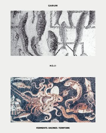 Empreintes n°1

Deux poissons suspendus. Deux mosaïques, deux mille ans, une seule idée.

Le garum : protéine, sel, temps. La première fermentation.

Le koji : une moisissure blanche, une intelligence enzymatique venue d’ailleurs.

Seul, chacun raconte sa propre histoire. Ensemble, ils deviennent catalyseur • le koji accélère ce que le garum met des mois à révéler, condense des millénaires de fermentation en une seule voix.

Sapiens explore cette rencontre.

Forêts · Champs · Rivières

#hautecuisines #wildfermentation #garum #koji