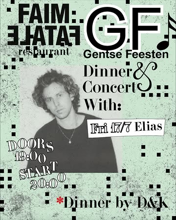 Tijdens de Gentse Feesten wordt Faim Fatale een muziek- en eettempel. De fine fleur van de Gentse muziekscene, over verschillende stijlen heen, schuift bij ons aan tafel op het tuinterras (of binnen bij slecht weer). Ook jullie kunnen meeschuiven aan die tafel, althans diegene die een van de 35 plaatsen kan bemachtigen ;) .

🎼 CONCERTS
Heel blij dat we volgende parels van artiesten hebben kunnen strikken:

Op Vrijdag 17 juli bijt Elias der spits af!

@elias_musicbe is niet alleen één van de meest ingenieuze drummers (Nordmann, Robbing Millions en Hypochristmutreefuzz) van de Belgische scene, maar is ook songwriter, componist, zanger en producer. Op zijn soloplaat BLOOMED > EXPLODED ontdekt hij zijn innerlijke Radiohead; dreamy indie beauty van de bovenste plank.

🔪 DINNER
Het menu wordt verzorgd door D&K.
@ta_____________ra & Jonas Van der Haegen zijn fotografen met passie voor koken en catering. Tara werkte eerder al in de keuken van Faim Fatale en samen met Jonas was ze deel van het keukenteam achter Cafetaria. Verwacht fris, kwaliteit en traditie met een stevige knipoog.

🗒️ PRAKTISCH

° Doors 19u00 - we vragen iedereen zeker aanwezig te zijn voor 20u, dan begint het eerste deel van het concert.

° Prijs: concert + dinner €75 (amuses, voor, hoofd, dessert - dranken niet inbegrepen)

° Reserveren: enkel via mail@faimfatale.be - first come first serve. Plaats is pas gereserveerd na onze bevestiging en jouw betaling.

°Allergieën op voorhand doorgeven, de avond zelf kan dit niet meer worden aangepast.

👩🏼‍💻Hands up voor het artwork van @mollylovedyou en foto van @femke.appeltans