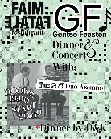 Tijdens de Gentse Feesten wordt Faim Fatale een muziek- en eettempel. De fine fleur van de Gentse muziekscene, over verschillende stijlen heen, schuift bij ons aan tafel op het tuinterras (of binnen bij slecht weer). Ook jullie kunnen meeschuiven aan die tafel, althans diegene die een van de 35 plaatsen kan bemachtigen ;) .

🎼 CONCERTS
Heel blij dat we volgende parels van artiesten hebben kunnen strikken:

Dinsdag 21 juli verblijden topmuzikanten ons met hobo en accordeon - Duo Asciano.

@vercammenlowie (accordeon, afgestudeerd onder Philippe Thuriot) en @tiboschildermans (hobo) leerden elkaar kennen tijdens hun studies aan het Conservatorium in Gent. Ze werden vrienden en deelden een passie voor kamermuziek. Ze speelden voor het eerst samen een concert op het Festival van Collegium Vocale in de Crete Senesi, nabij Asciano (Italië) en dat bijzondere moment betekende het startschot van hun muzikale samenwerking. Hun bijzonder veelzijdige repertoire omvat zowel klassieke muziek als filmmuziek en traditionele volksmuziek. Hun vriendschap en muzikale verbondenheid zorgt voor veel artistieke vrijheid en spontaniteit, wat uitmondt in een spetterende muzikale dialoog.

🔪 DINNER
Het menu wordt verzorgd door D&K.
@ta_____________ra & Jonas Van der Haegen zijn fotografen met passie voor koken en catering. Tara werkte eerder al in de keuken van Faim Fatale en samen met Jonas was ze deel van het keukenteam achter Cafetaria. Verwacht fris, kwaliteit en traditie met een stevige knipoog.

🗒️ PRAKTISCH

° Doors 19u00 - we vragen iedereen zeker aanwezig te zijn voor 20u, dan begint het eerste deel van het concert.

° Prijs: concert + dinner €75 (amuses, voor, hoofd, dessert - dranken niet inbegrepen)

° Reserveren: enkel via mail@faimfatale.be - first come first serve. Plaats is pas gereserveerd na onze bevestiging en jouw betaling.

°Allergieën op voorhand doorgeven, de avond zelf kan dit niet meer worden aangepast.

👩🏼‍💻Hands up voor het artwork van @mollylovedyou