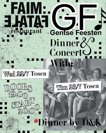 Tijdens de Gentse Feesten wordt Faim Fatale een muziek- en eettempel. De fine fleur van de Gentse muziekscene, over verschillende stijlen heen, schuift bij ons aan tafel op het tuinterras (of binnen bij slecht weer). Ook jullie kunnen meeschuiven aan die tafel, althans diegene die een van de 35 plaatsen kan bemachtigen ;) .

🎼 CONCERTS
Heel blij dat we volgende parels van artiesten hebben kunnen strikken:

Woensdag en donderdag zit er met Tosca Quartet een klein orkest mee aan tafel!

Anke, Robin, Marthe & Lore vormen het jonge en levendige @quartet_tosca. Ze combineren klassieke klanken met popmelodieën en nemen je interactief mee in hun enthousiasme: van Mozart tot Madonna, van Debussy tot Dua Lipa. Schrijf bij reservatie jouw favoriete song, en misschien hoor je het tijdens het diner door de strijkkasten klinken.

🔪 DINNER
Het menu wordt verzorgd door D&K.
@ta_____________ra & Jonas Van der Haegen zijn fotografen met passie voor koken en catering. Tara werkte eerder al in de keuken van Faim Fatale en samen met Jonas was ze deel van het keukenteam achter Cafetaria. Verwacht fris, kwaliteit en traditie met een stevige knipoog.

🗒️ PRAKTISCH

° Doors 19u00 - we vragen iedereen zeker aanwezig te zijn voor 20u, dan begint het eerste deel van het concert.

° Prijs: concert + dinner €75 (amuses, voor, hoofd, dessert - dranken niet inbegrepen)

° Reserveren: enkel via mail@faimfatale.be - first come first serve. Plaats is pas gereserveerd na onze bevestiging en jouw betaling.

°Allergieën op voorhand doorgeven, de avond zelf kan dit niet meer worden aangepast.

👩🏼‍💻Hands up voor het artwork van @mollylovedyou

@anke_vdj @robingooss @martheornelis @lorebamps