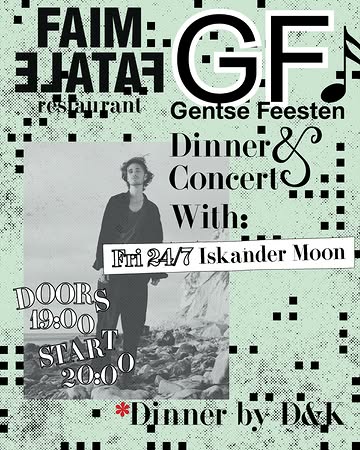 Tijdens de Gentse Feesten wordt Faim Fatale een muziek- en eettempel. De fine fleur van de Gentse muziekscene, over verschillende stijlen heen, schuift bij ons aan tafel op het tuinterras (of binnen bij slecht weer). Ook jullie kunnen meeschuiven aan die tafel, althans diegene die een van de 35 plaatsen kan bemachtigen ;) .

🎼 CONCERTS
Heel blij dat we de volgende artiest opnieuw hebben kunnen strikken:

Vrijdag 24 juli komt Iskander Moon ons hart verblijden.

@iskandermoon is een muzikaal multitalent en onhoudbaar genie. Deze nachtegaal van Zelzate heeft zijn eerste plaat "Salt Moon City" op de wereld losgelaten, en die werd er zowaar mooier van. Iskander is een singer songwriter met een klassieke opleiding en bouwt al jaren gestaag en nieuwsgierig aan zijn grensoverschrijdende muzikale oeuvre. De schijnbare gemakkelijkheid waarmee hij experimenteert in zijn spel en stem zorgt dat hij een steengoede live-reputatie heeft opgebouwd.

🔪 DINNER
Het menu wordt verzorgd door D&K.
@ta_____________ra & Jonas Van der Haegen zijn fotografen met passie voor koken en catering. Tara werkte eerder al in de keuken van Faim Fatale en samen met Jonas was ze deel van het keukenteam achter Cafetaria. Verwacht fris, kwaliteit en traditie met een stevige knipoog.

🗒️ PRAKTISCH

° Doors 19u00 - we vragen iedereen zeker aanwezig te zijn voor 20u, dan begint het eerste deel van het concert.

° Prijs: concert + dinner €75 (amuses, voor, hoofd, dessert - dranken niet inbegrepen)

° Reserveren: enkel via mail@faimfatale.be - first come first serve. Plaats is pas gereserveerd na onze bevestiging en jouw betaling.

°Allergieën op voorhand doorgeven, de avond zelf kan dit niet meer worden aangepast.

👩🏼‍💻Hands up voor het artwork van @mollylovedyou