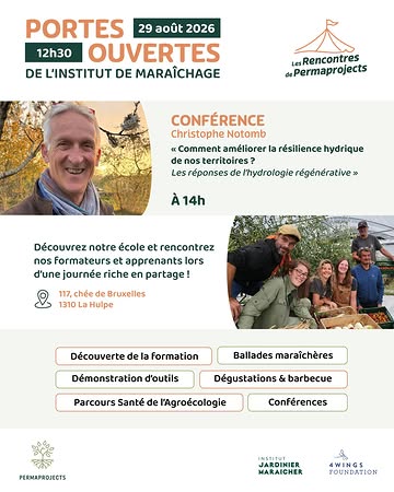 💧 Comment améliorer la résilience hydrique de nos territoires ?

L'eau est au cœur des grands défis agricoles et environnementaux actuels. Face aux sécheresses, aux épisodes de pluies intenses et aux changements climatiques, repenser notre manière de gérer l'eau devient essentiel.

À l'occasion de notre Journée Portes Ouvertes, nous aurons le plaisir d'accueillir Christophe Nothomb, ingénieur et consultant en gestion de l'eau, pour une conférence autour des réponses de l'hydrologie régénérative.

🌱 Une rencontre pour découvrir une autre manière d'aborder la gestion de l'eau et comprendre comment ces approches peuvent contribuer à renforcer la résilience de nos fermes et de nos territoires.

Chez Permaprojects, nous sommes convaincus que la santé des sols, de l'eau, des cultures, des humains et des territoires sont intimement liées. C'est cette vision globale que nous partageons à travers notre Parcours Santé de l'Agroécologie et notre Institut d'entrepreneuriat en maraîchage bio-intensif.

📅 Rendez-vous le 29 août à 16h00
📍 Aux Terres d'Ici – La Hulpe

Au programme également :
🌿 découverte de notre formation immersive en maraîchage bio-intensif
🎓 présentation de notre Institut
🍴 conférence « Du champ à l'assiette » avec Elliot Van de Velde
🛠️ démonstration d'outils maraîchers
🚶 visite guidée du Parcours Santé de l'Agroécologie
🥗 dégustation de nos productions et moment convivial
Une belle occasion de venir découvrir Permaprojects, échanger avec notre équipe et rencontrer celles et ceux qui construisent une agriculture plus nourricière, viable et régénératrice.

👉 Entrée libre, nous vous attendons nombreux !

#HydrologieRégénérative #Agroécologie #GestionDeLEau #Maraîchage #Microfermes #Permaprojects