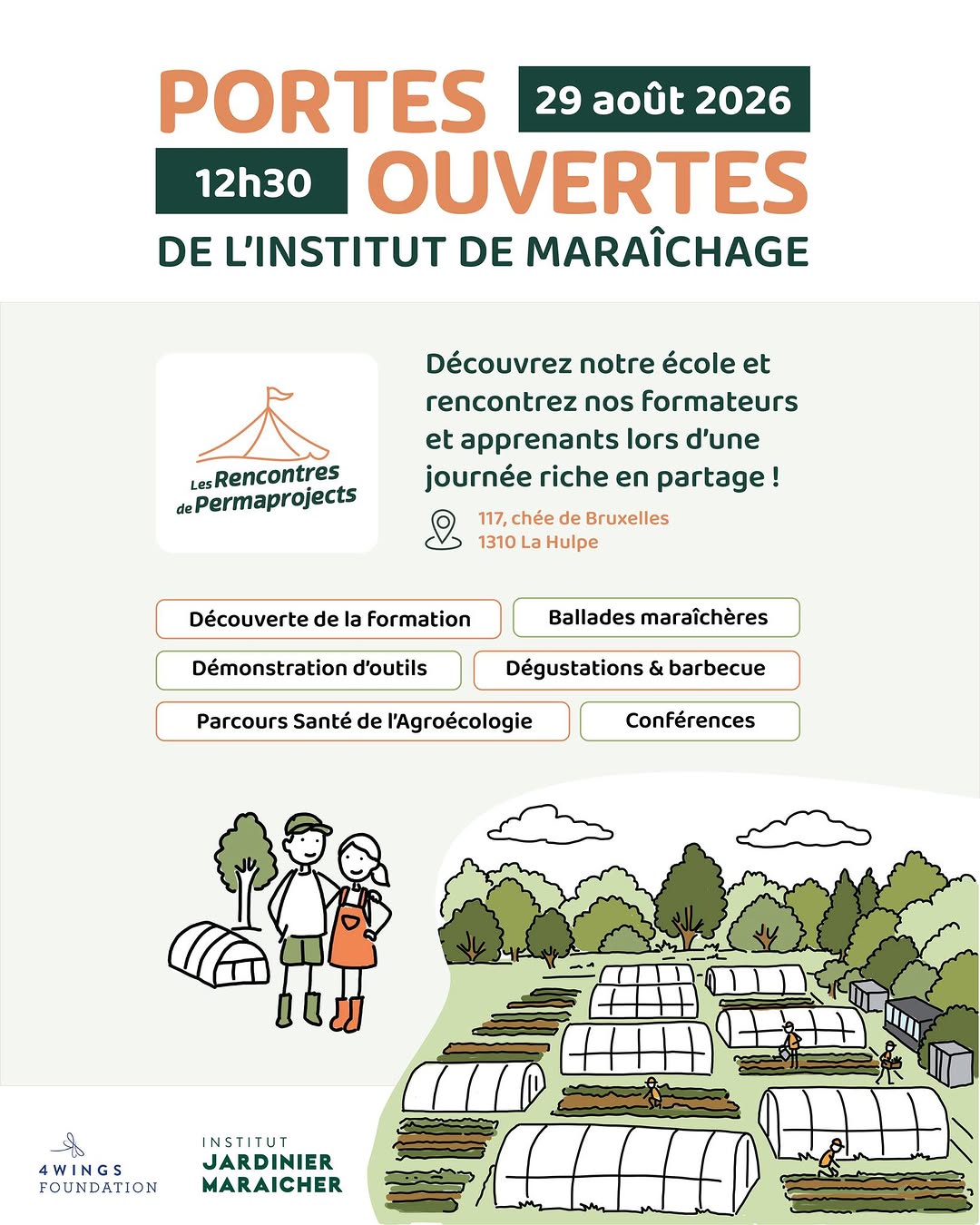 🌱 Dans 4 jours, venez découvrir si le maraîchage peut devenir votre métier !

Vous rêvez de créer votre propre ferme maraîchère ?
Vous vous demandez s’il est réellement possible d’en vivre sur petite surface ?
Vous cherchez une formation qui combine pratique agricole, entrepreneuriat et immersion sur le terrain ?

👉 Nos Portes Ouvertes, c’est ce samedi 29 août !

Venez découvrir notre Institut d’Entrepreneuriat en Maraîchage Bio-Intensif, notre ferme-école et notre approche pédagogique.

🌍 Notre Institut fait partie du réseau international de fermes-écoles de Jean-Martin Fortier, reconnu pour son approche du maraîchage bio-intensif sur petite surface.

Au programme :
🌱 visite de la ferme et des parcelles
👩‍🌾 présentation de notre formation de 11 mois
💬 échanges avec notre équipe et nos maraîchers·ères
📚 conférence inspirante sur la résilience hydrique
❓ réponses à vos questions sur le métier, l’installation et la viabilité d’un projet maraîcher

Vous avez un projet de ferme en tête, même encore au stade de l’idée ? Venez nous rencontrer.

📅 Samedi 29 août
📍 La Hulpe

Deven Maraîcher, du rêve à la réalité !