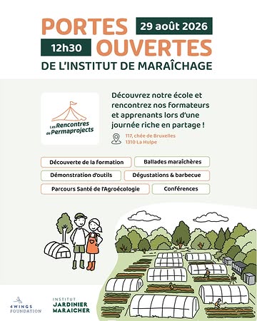 🌱 Dans 4 jours, venez découvrir si le maraîchage peut devenir votre métier !

Vous rêvez de créer votre propre ferme maraîchère ?
Vous vous demandez s’il est réellement possible d’en vivre sur petite surface ?
Vous cherchez une formation qui combine pratique agricole, entrepreneuriat et immersion sur le terrain ?

👉 Nos Portes Ouvertes, c’est ce samedi 29 août !

Venez découvrir notre Institut d’Entrepreneuriat en Maraîchage Bio-Intensif, notre ferme-école et notre approche pédagogique.

🌍 Notre Institut fait partie du réseau international de fermes-écoles de Jean-Martin Fortier, reconnu pour son approche du maraîchage bio-intensif sur petite surface.

Au programme :
🌱 visite de la ferme et des parcelles
👩‍🌾 présentation de notre formation de 11 mois
💬 échanges avec notre équipe et nos maraîchers·ères
📚 conférence inspirante sur la résilience hydrique
❓ réponses à vos questions sur le métier, l’installation et la viabilité d’un projet maraîcher

Vous avez un projet de ferme en tête, même encore au stade de l’idée ? Venez nous rencontrer.

📅 Samedi 29 août
📍 La Hulpe

Deven Maraîcher, du rêve à la réalité !