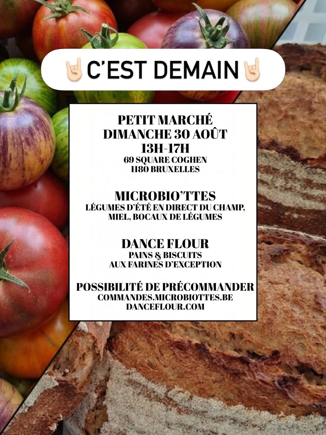 C’est déjà demain le Ptit marché 🥳
Psst … tu veux des tomates… viens tôt 🤗
A demain 😘
#petitmarché #quefairedimanche @bruxelles @danceflour.bxl #microbiote