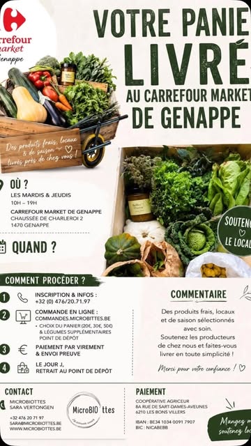 NOUVEAU POINT DE DÉPÔT :
le Carrefour Market de Genappe !

Mes paniers de légumes & aromates peuvent désormais y être livrés. Les mardis et jeudis, venez chercher votre panier, en direct du champ de MicroBIO’ttes 🌱

Ce Carrefour a une nouvelle gérante qui a envie de mettre en valeur les producteur·ices locaux… profitons de ces initiatives super chouettes !Merci à elle !!!

COMMENT ÇA MARCHE ?
Les paniers se commandent en ligne sur commandes.microbiottes.be, avec 3 tailles au choix :
• S — 2 personnes — 20 €
• M — 4 personnes — 30 €
• L — 6 personnes — 50 €
➕ Certaines semaines, des variétés supplémentaires à commander en plus !

Et surtout : pas d’abonnement. Vous commandez quand vous voulez et je vous informe à l’avance de la composition de votre panier !

RAPPEL DE TOUS LES POINTS DE DÉPÔT
• Frasnes-lez-Gosselies
• Genappe centre
• Bousval
• Court-Saint-Étienne
• Braine-l’Alleud
• Bruxelles

👉 Toutes les infos et les détails sur commandes.microbiottes.be

@carrefourmarketgenappe #microbiote #panierdelegumes #vienschercherbonheur