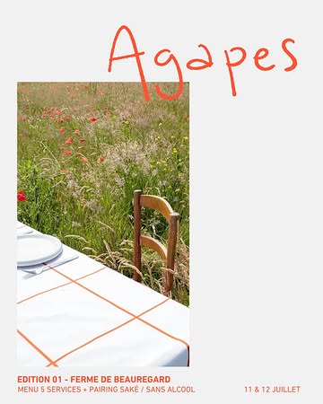 AGAPES Édition 01 dans les champs de la @ferme_de_beauregard

Pour cette première édition, AGAPES vous invite à prendre place au cœur des champs, le temps d’un dîner immersif imaginé autour du potager, du vivant et du plaisir de se retrouver.

Au programme : un menu en 5 services inspiré des légumes de saison, pensé par @sapiens.nf , accompagné d’un pairing sans alcool ou d’un pairing Saké imaginé par @mizu.sake.liege .

Autour de la table, @maisonvagabonde et @mund.std signent une direction artistique solaire et nostalgique. @fabio.n.amato pour immortaliser le moment.

Deux services sont proposés : — Samedi à 18h30 — Dimanche à 12h
Menu 5 services + pairing sans alcool : 110 € Supplément pairing saké : +10 €

Places limitées à 30 personnes par service. Réservations via PassPass — lien en bio.
