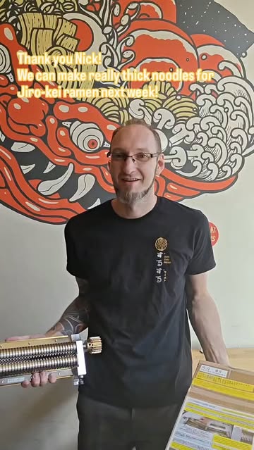 Thank you Nick! Our ex-staff, the owner of @zuruzururamen and noodle Otaku! Your #8 noodle cutter will help us making thick Jiro-kei noodles!